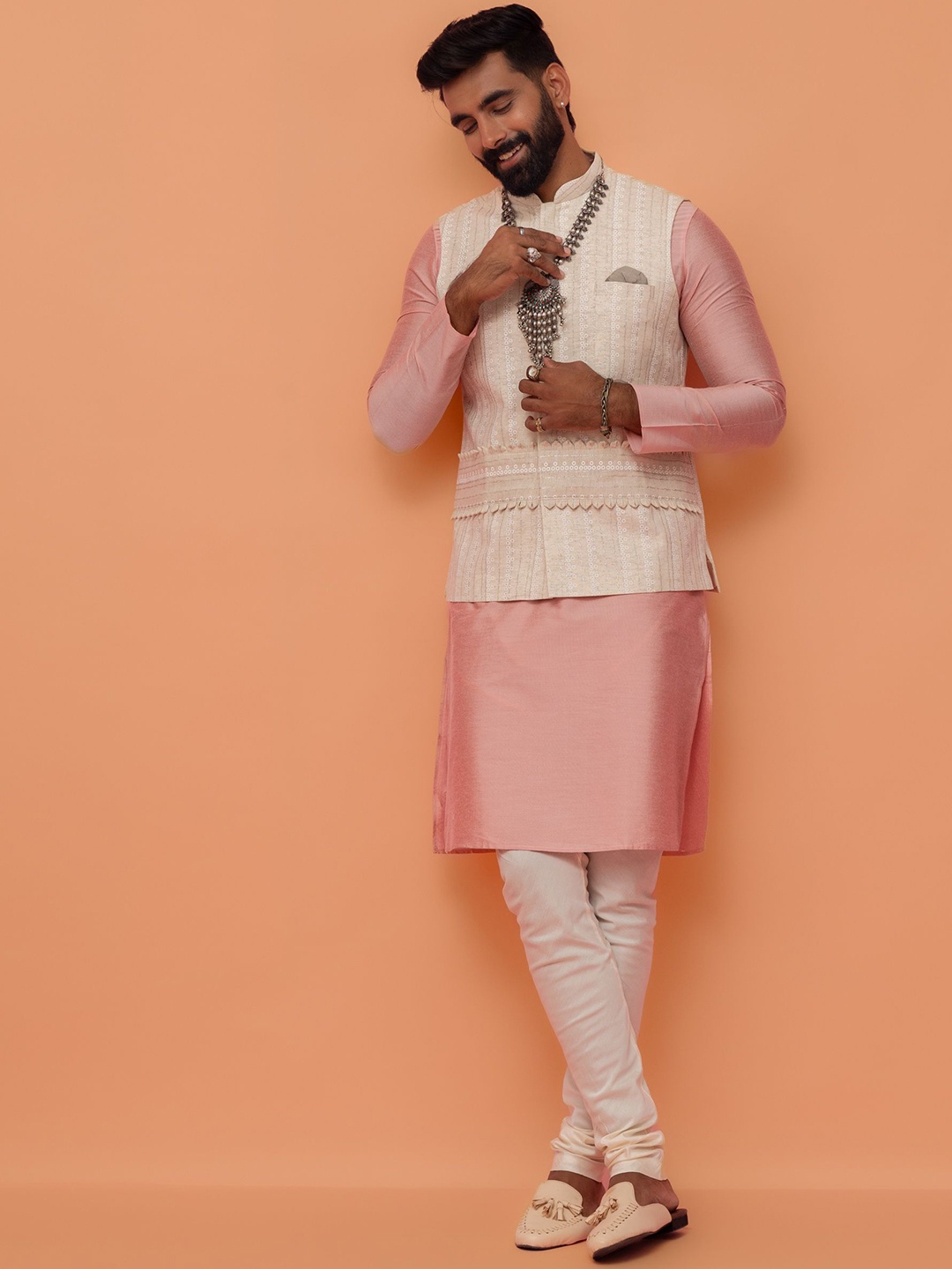 

KISAH Mandarin Collar Straight Kurta With Churidar & Printed Nehru jacket, Beige