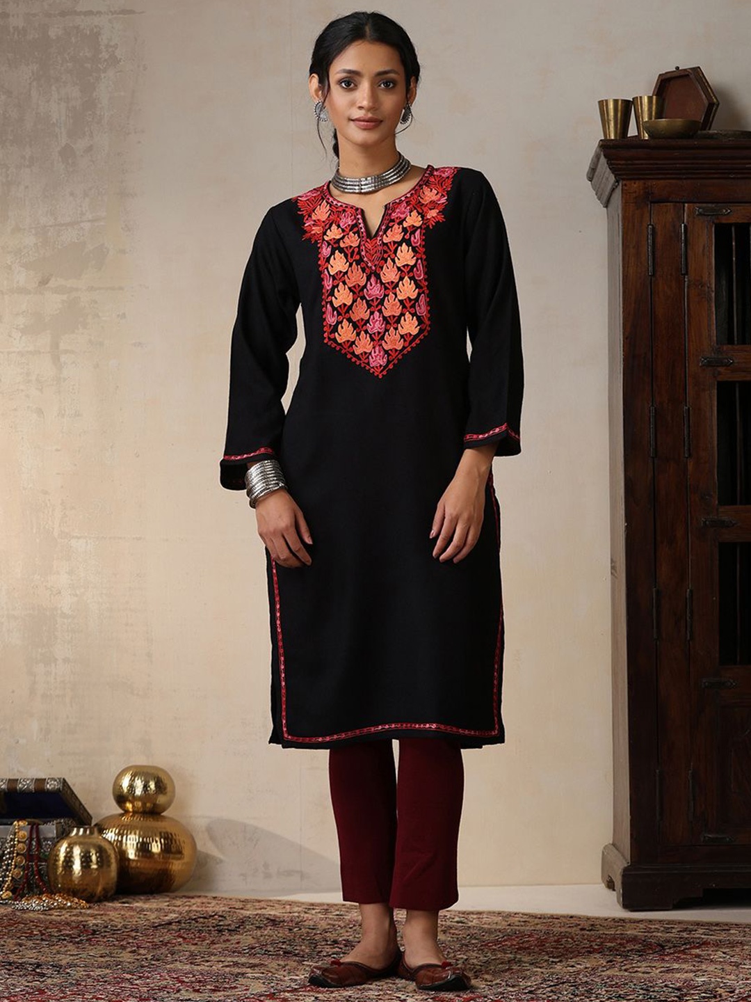 

House of Chikankari Ethnic Motifs Embroidered Thread Work Woollen Straight Kurta, Black