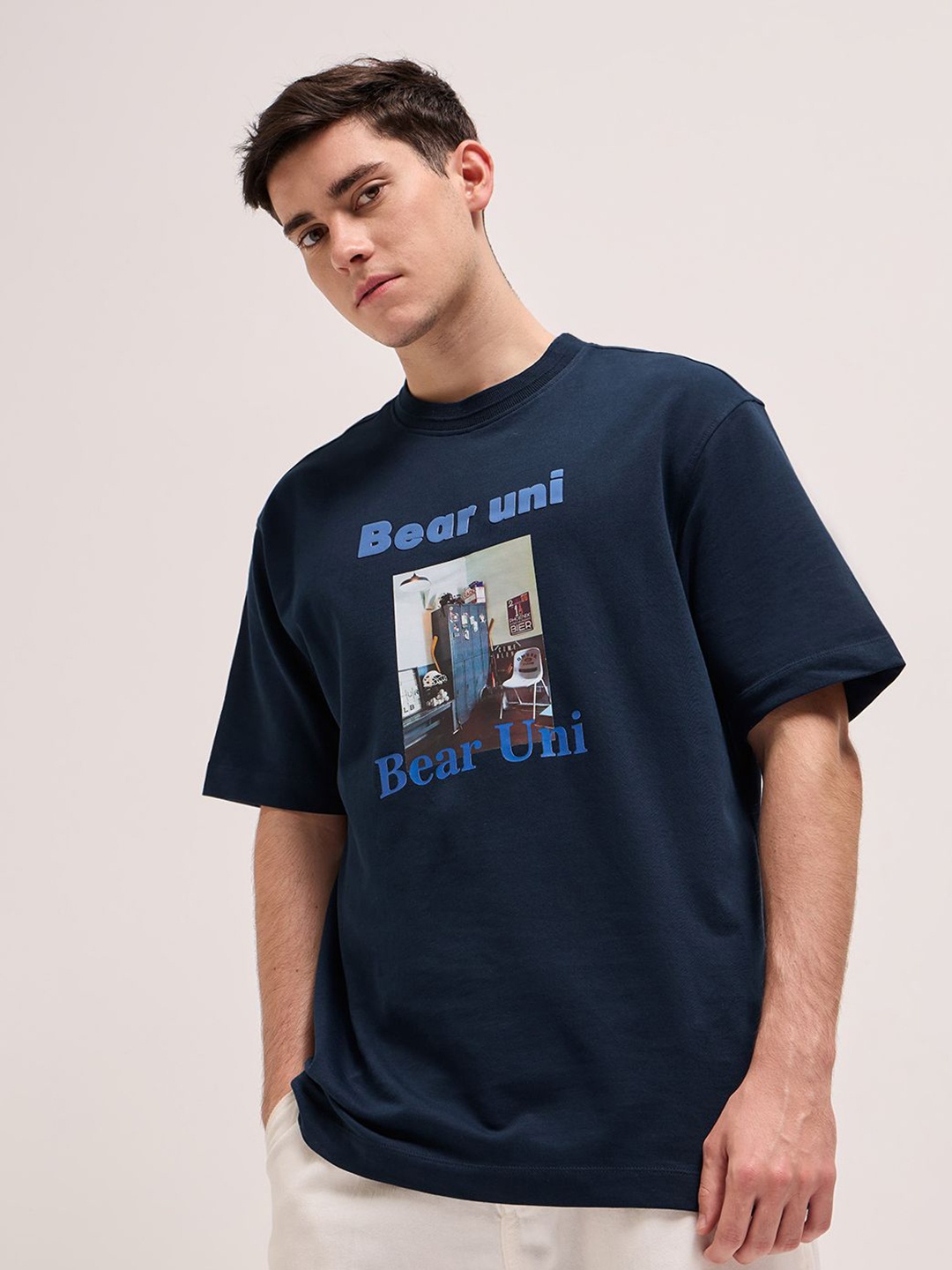 

THE BEAR HOUSE Men Graphic Printed Round Neck Cotton Oversized T-shirt, Navy blue