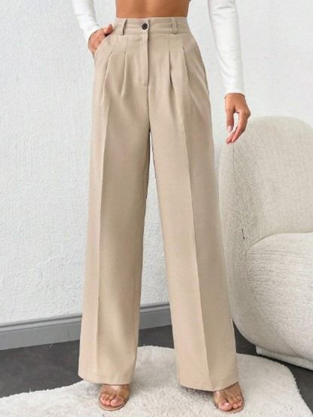 

Next One Women High-Rise Pleated Korean Trousers, Beige