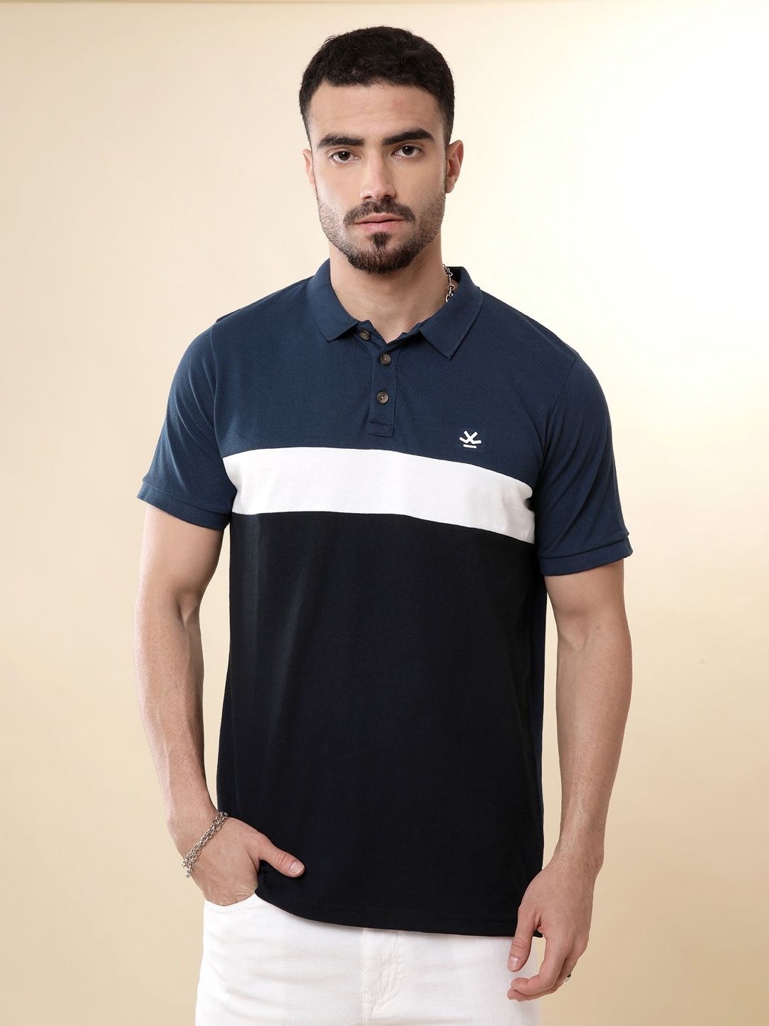

WROGN Men Colourblocked Polo Collar Cotton T-shirt, Navy blue