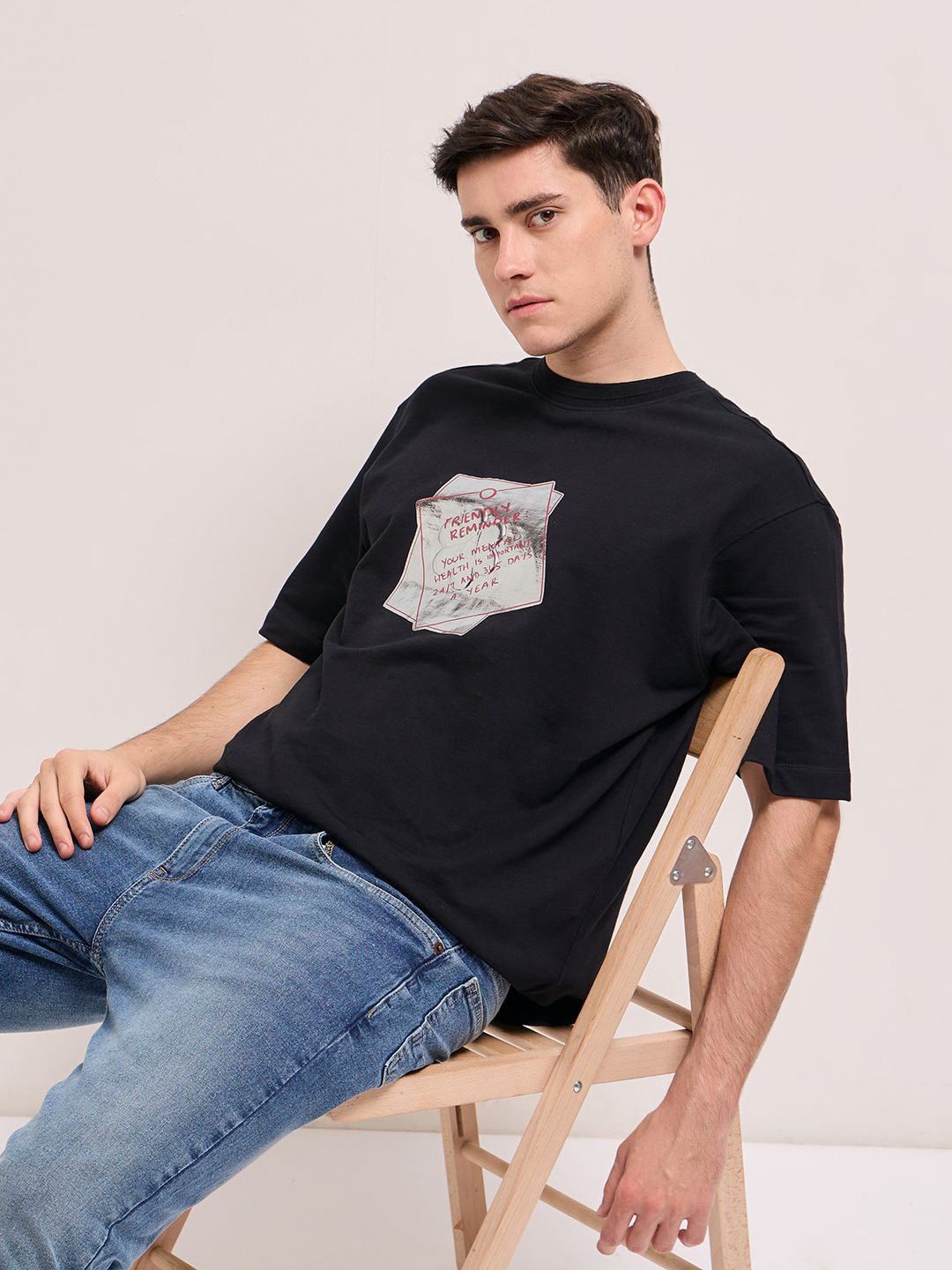 

THE BEAR HOUSE Men Graphic Printed Round Neck Cotton Oversized T-shirt, Black