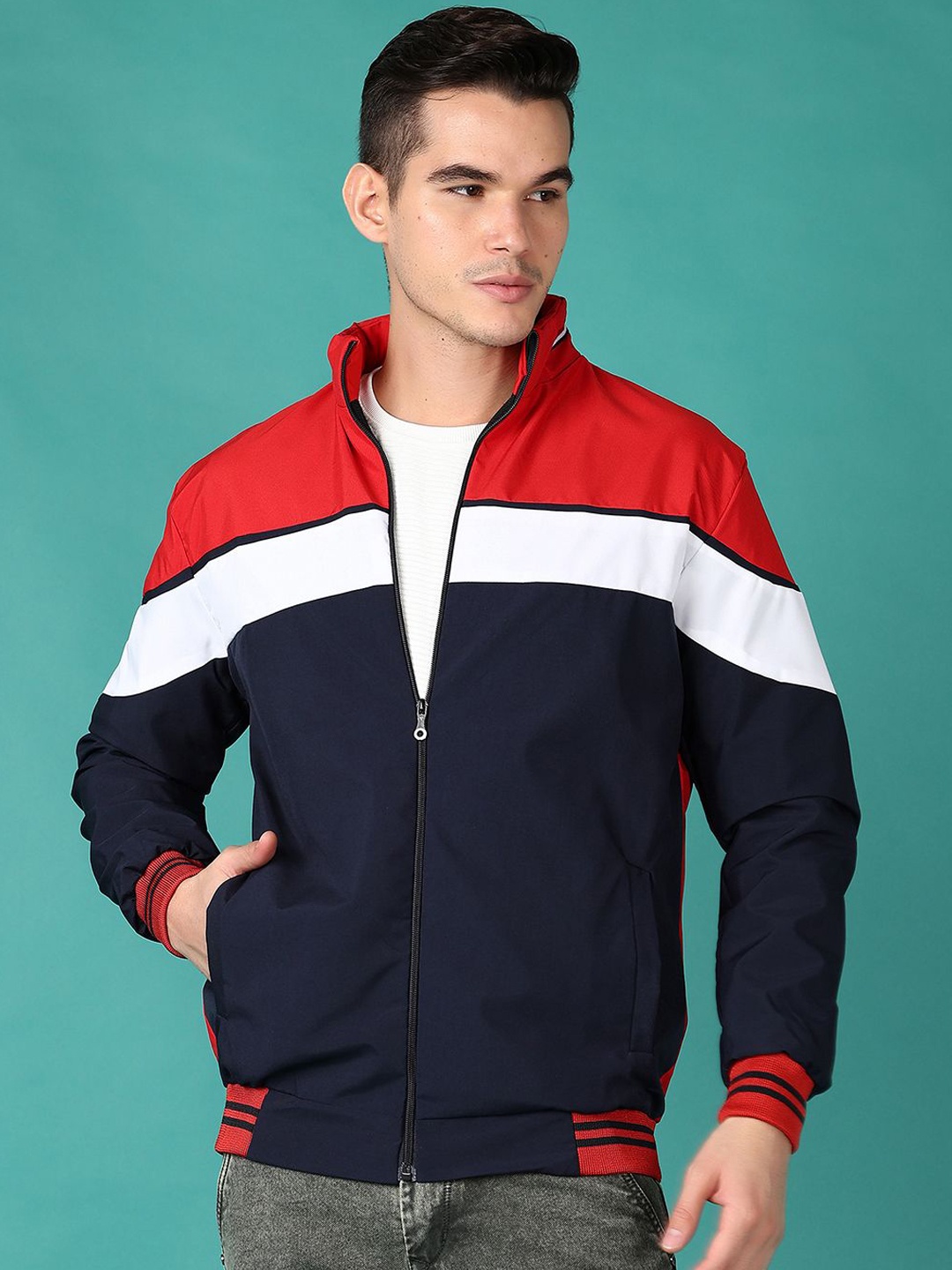 

V-Mart Men Mock Collar Colourblocked Cotton Casual Bomber Jacket, Navy blue