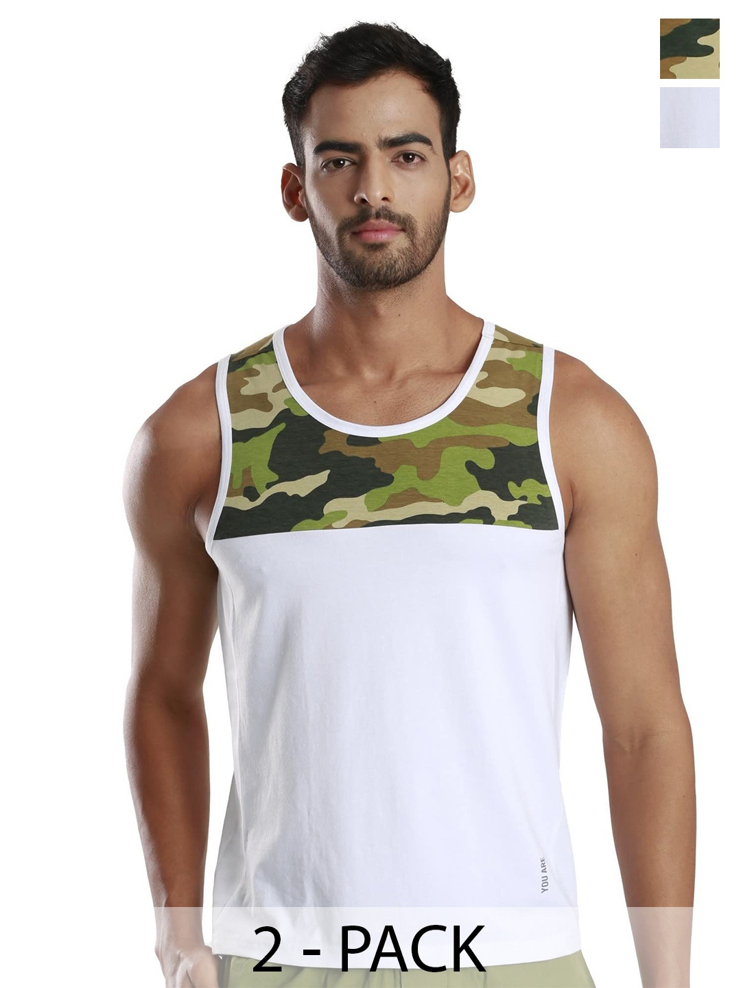 

FREECULTR Men Pack Of 2 Camouflage Printed Anti Microbial, Anti Odor Innerwear Vests, White
