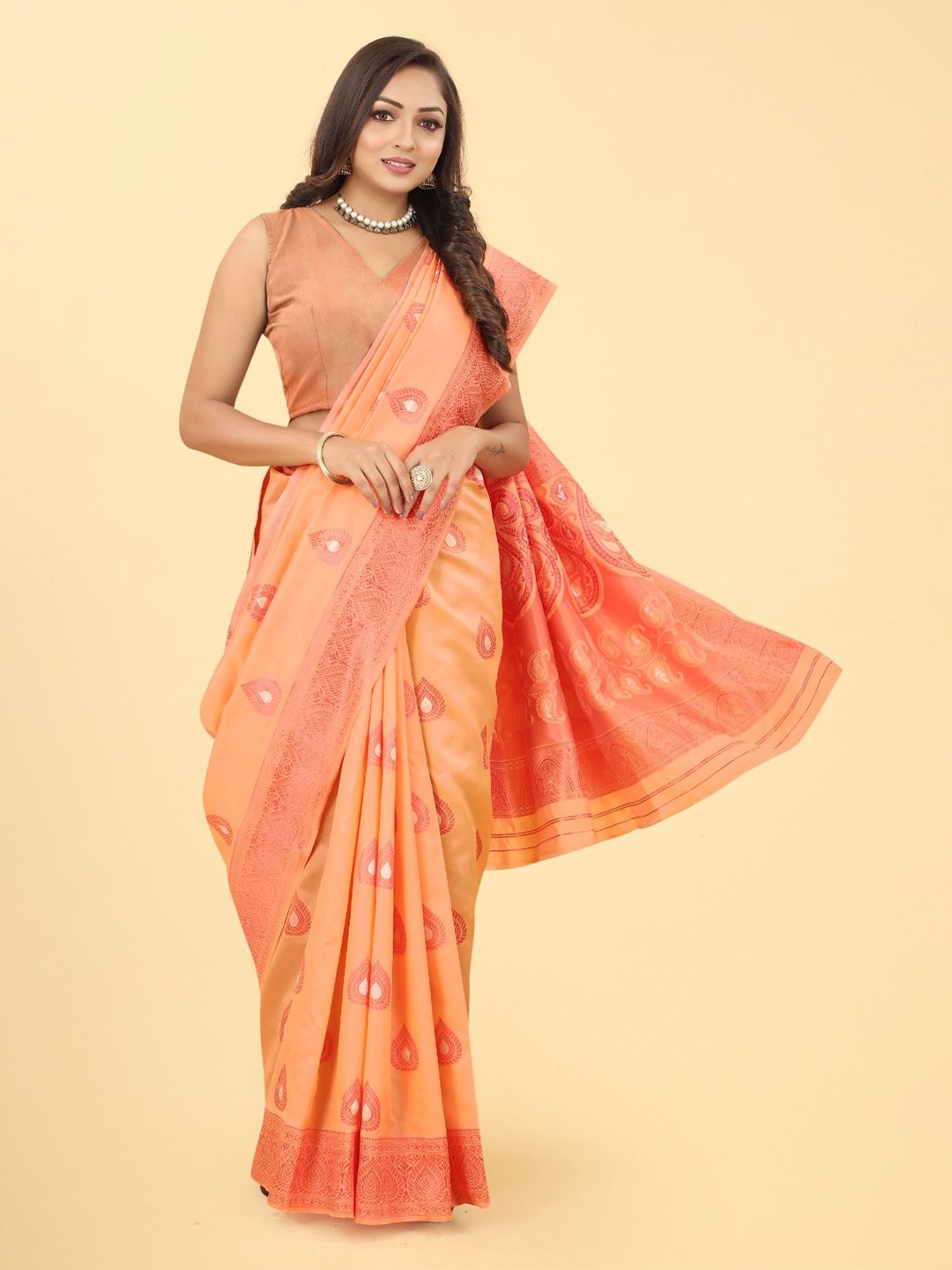 

KALINI Ethnic Motifs Woven Design Zari Pure Silk Banarasi Saree, Peach