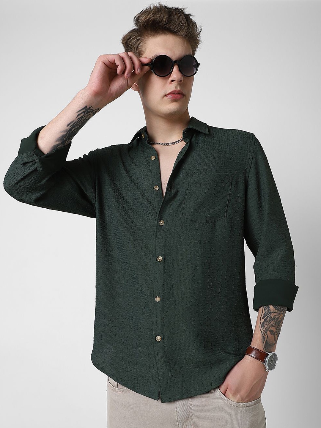 

VASTRADO Men Classic Spread Collar Textured Slim Fit Casual Shirt, Green