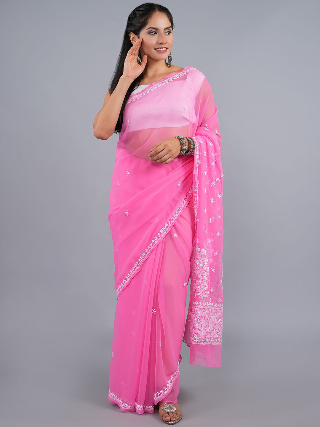 

Seva Chikan Ethnic Motifs Embroidered Saree, Pink