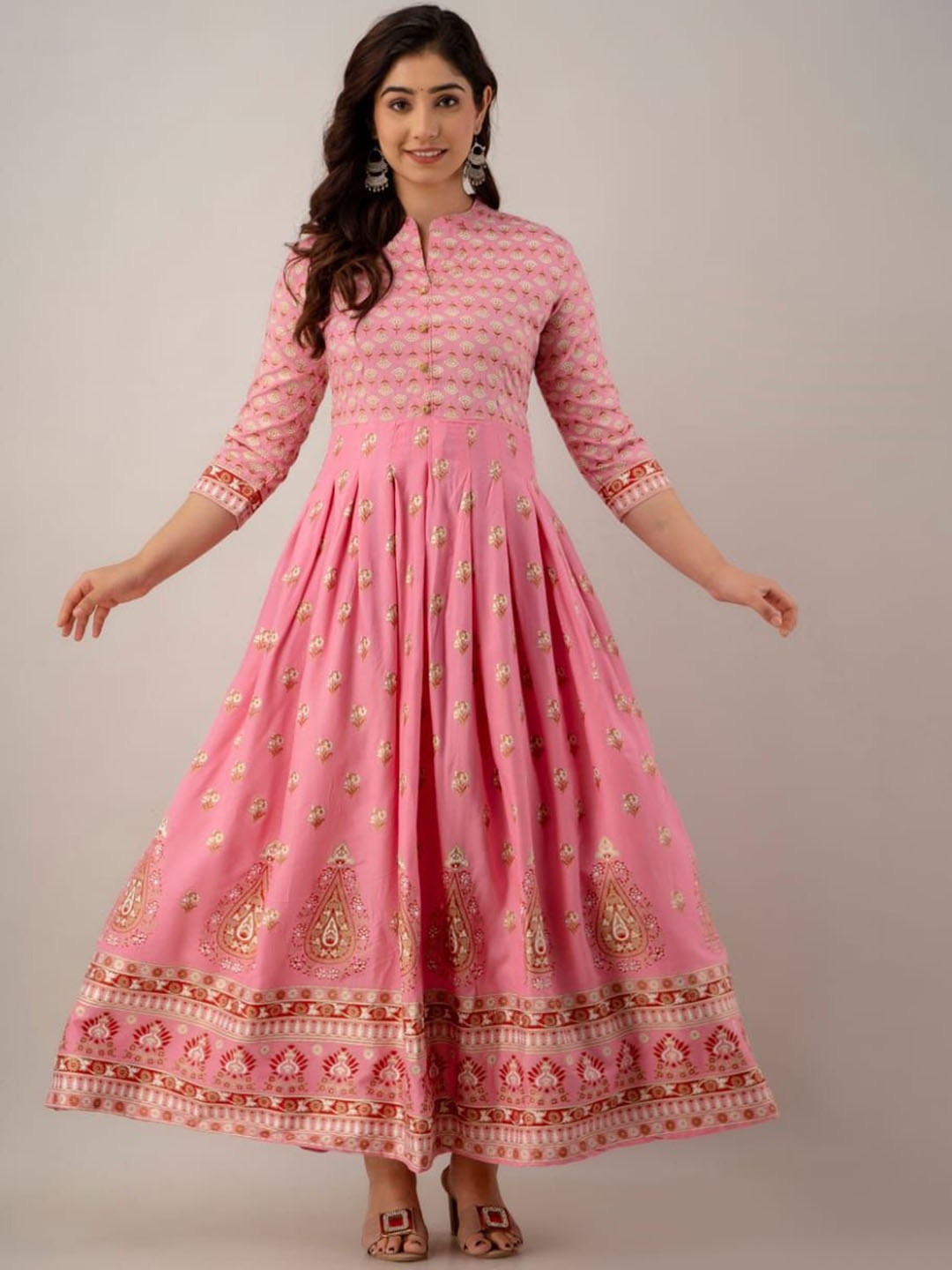 

ANNU PARIDHAN Floral Printed Mandarin Collar Gotta Patti Fit and Flare Ethnic Dresses, Pink