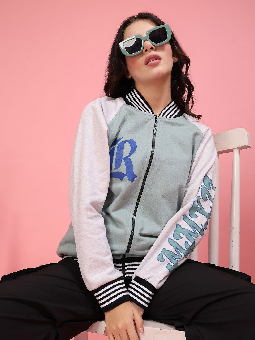 

Rigo Women Stand Collar Typography Printed Fleece Casual Varsity Jacket, Grey