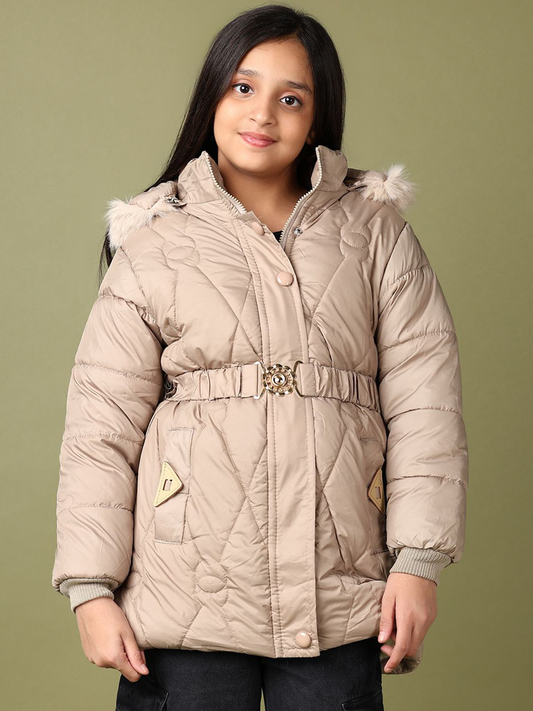 

V-Mart Girls Hooded Solid Cotton Casual Parka Jacket, Beige