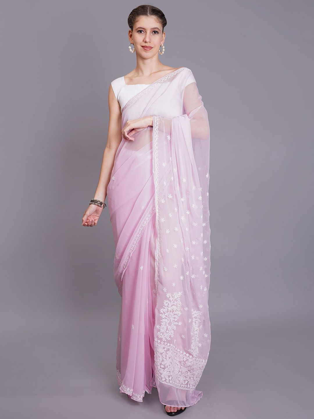 

Seva Chikan Floral Embroidered Saree, Pink