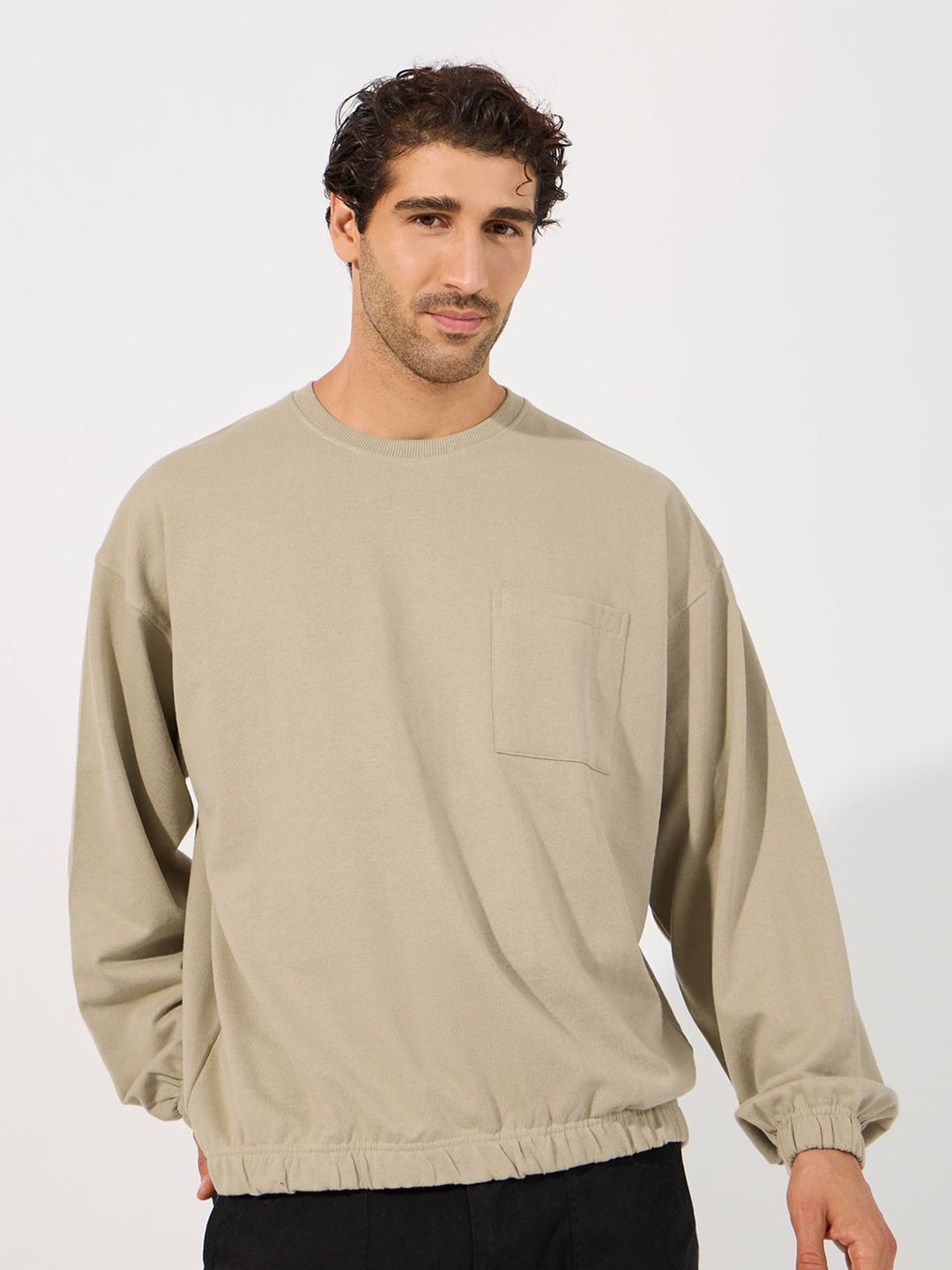 

Styli Round Neck Cotton Pullover Sweatshirt, Beige