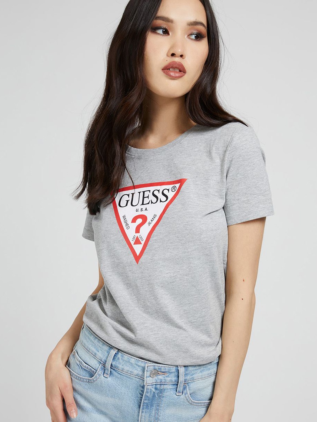 

GUESS Women Brand Logo Printed Round Neck Pure Cotton T-shirt, Grey melange