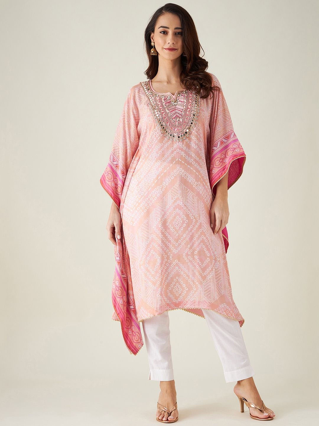 

The Kaftan Company Bandhani Printed Three-Quarter Sleeves Mirror Work Kaftan Kurta, Pink