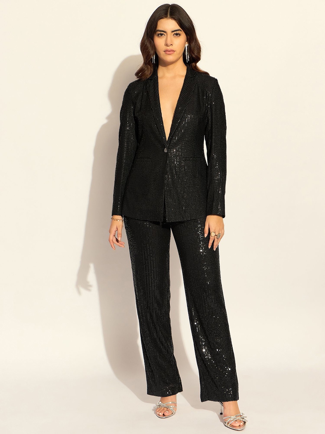 

PowerSutra Women Single-Breasted Party Blazer With Trousers, Black