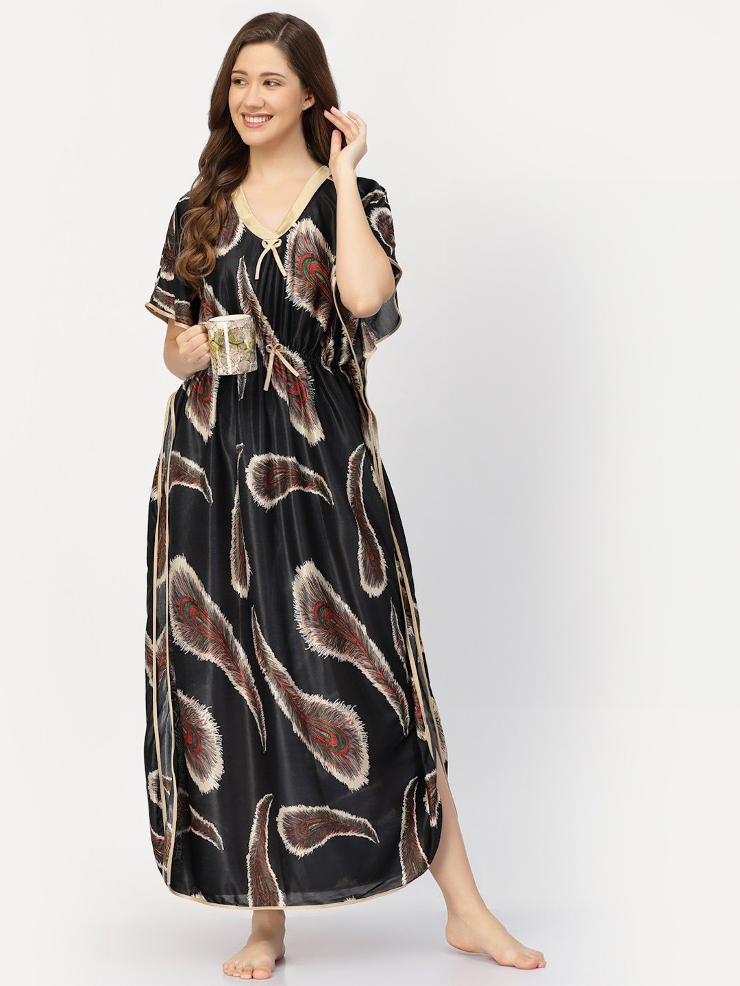 

CHUI MUI Women Printed Maxi Kaftan Nightdress, Black