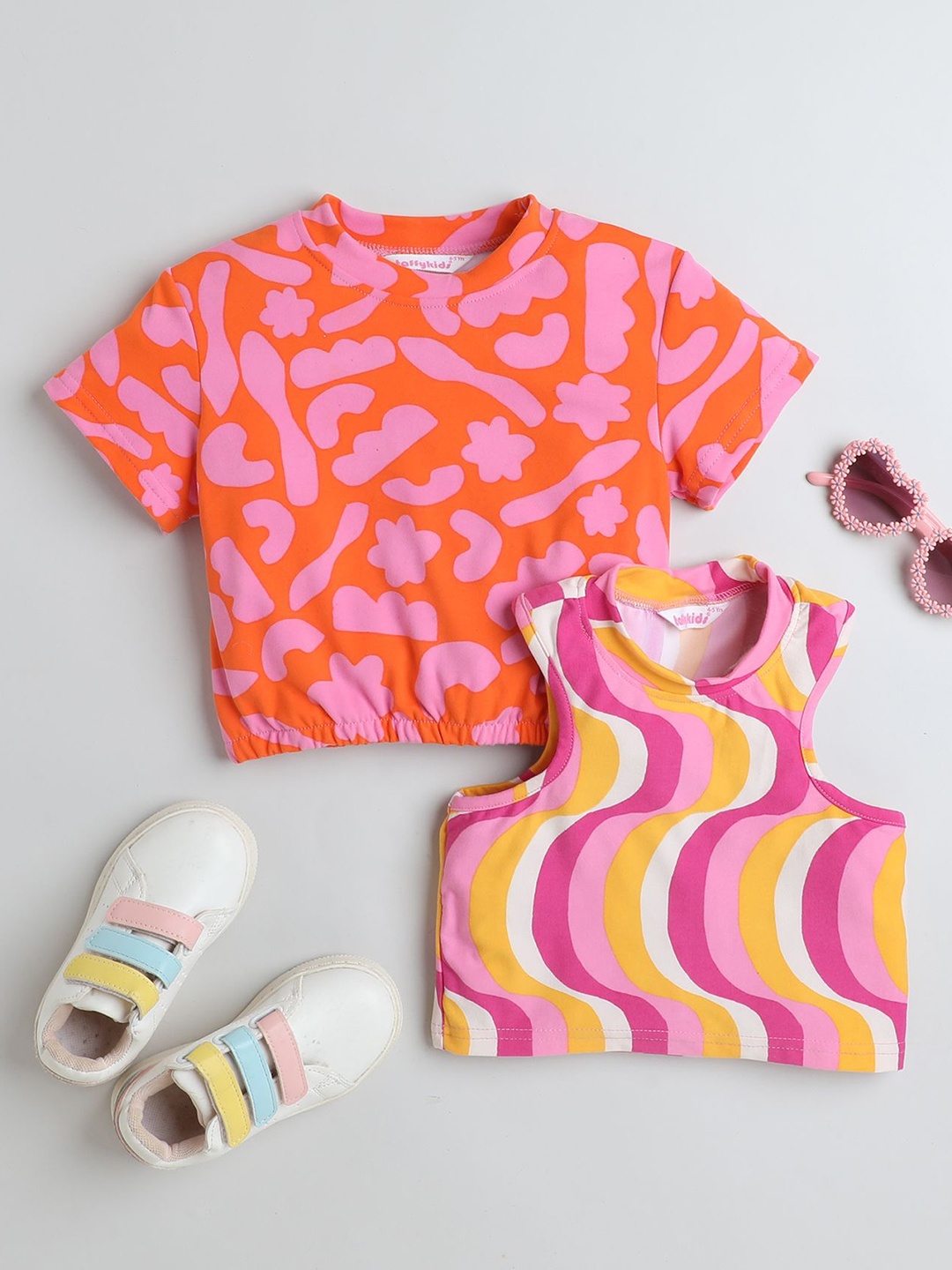 

taffykids Girls Pack Of 2 Printed Cotton Crop Top, Pink