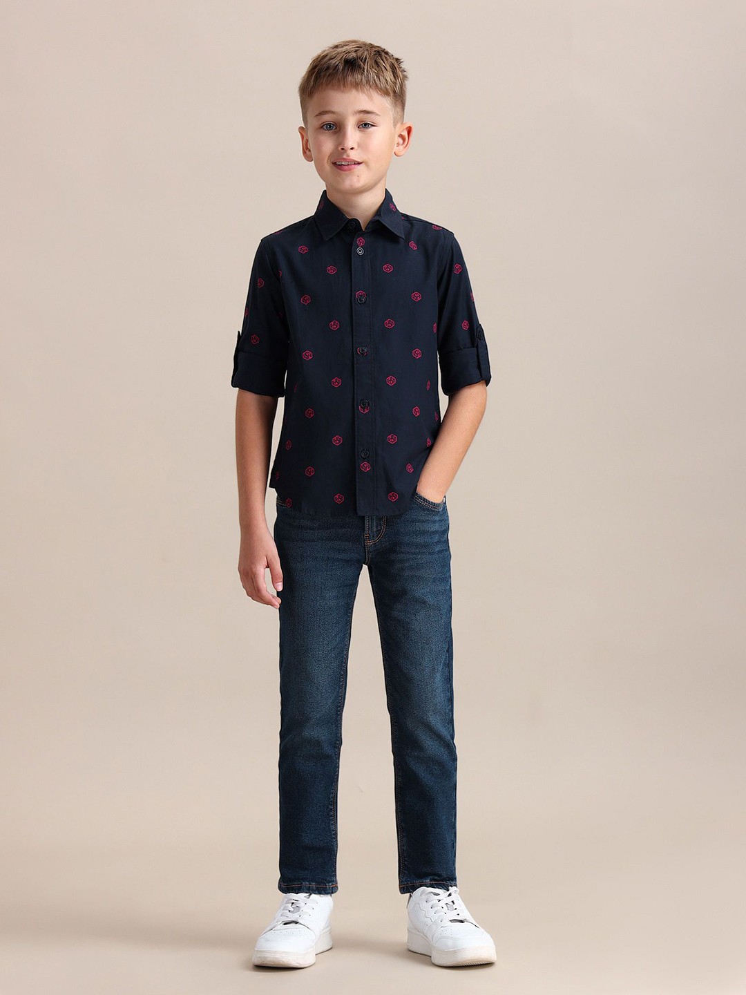 

U.S. Polo Assn. Kids Boys Spread Collar Conversational Printed Cotton Casual Shirt, Navy blue