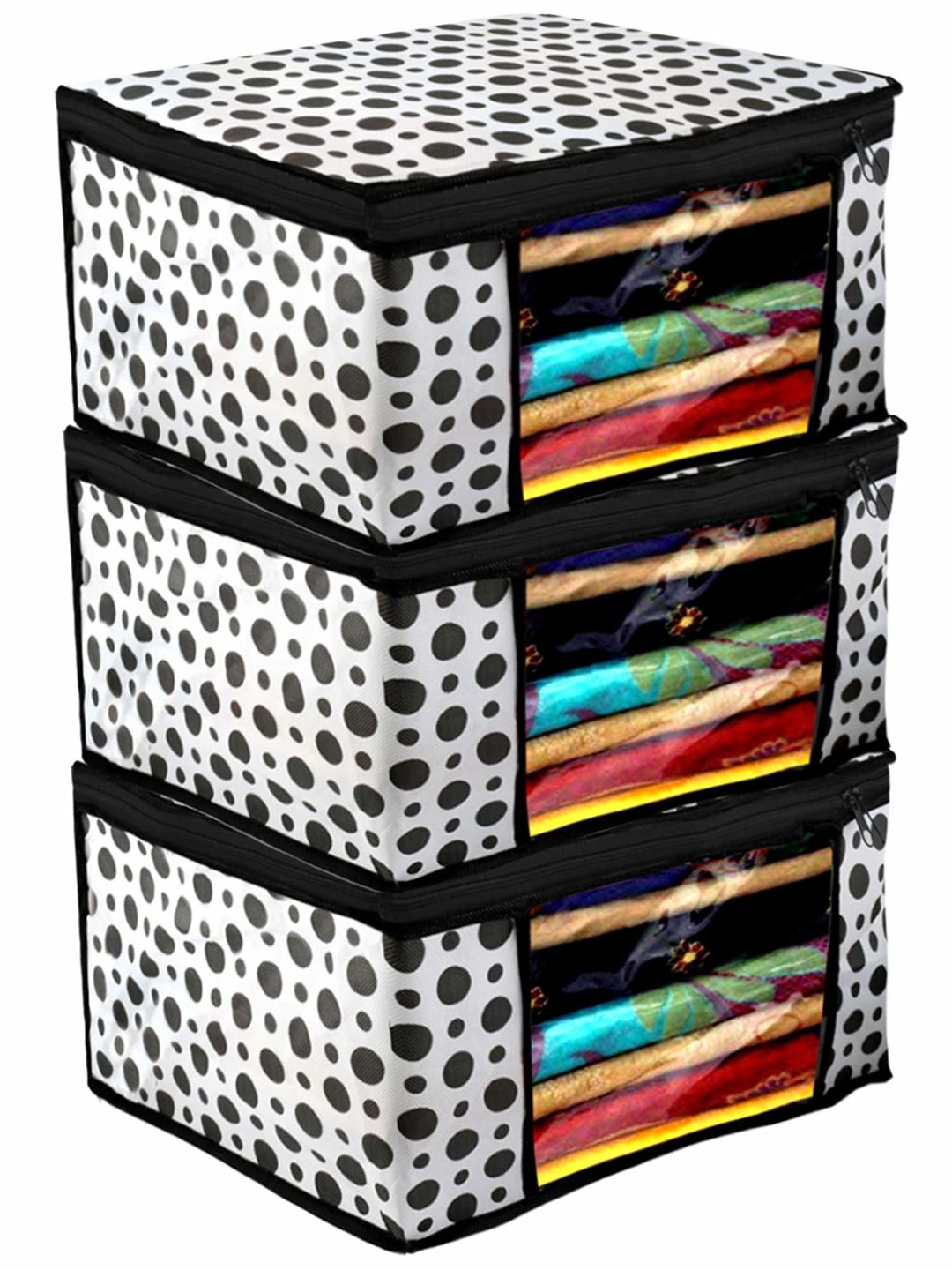 

Kuber Industries Black & White 3 Pieces Polka Dots Printed Saree Covers Organisers