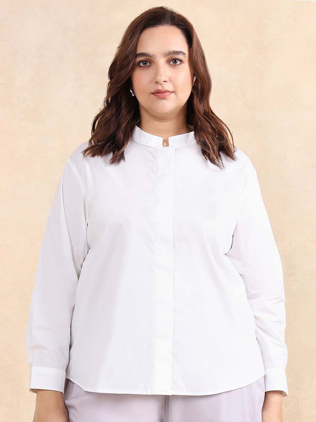 

RAREISM Women Plus Size Comfort Mandarin Collar Solid Cotton Casual Shirt, White