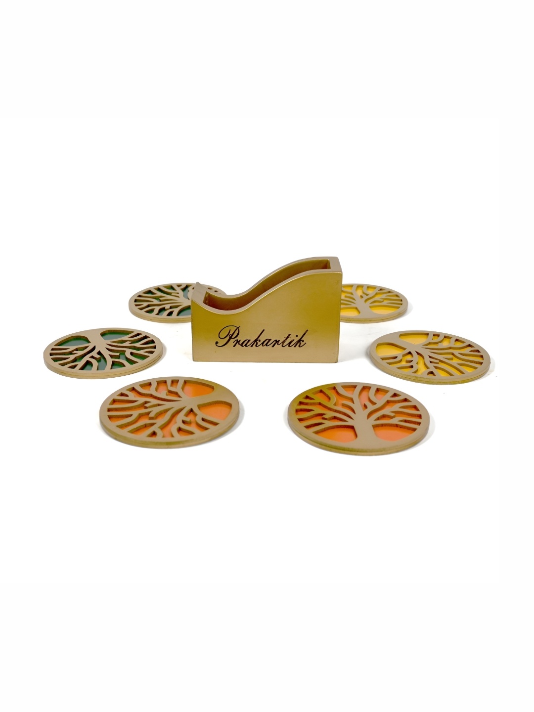 

PRAKARTIK Orange-Coloured & Green 6 Pieces Wooden Coasters With Holder