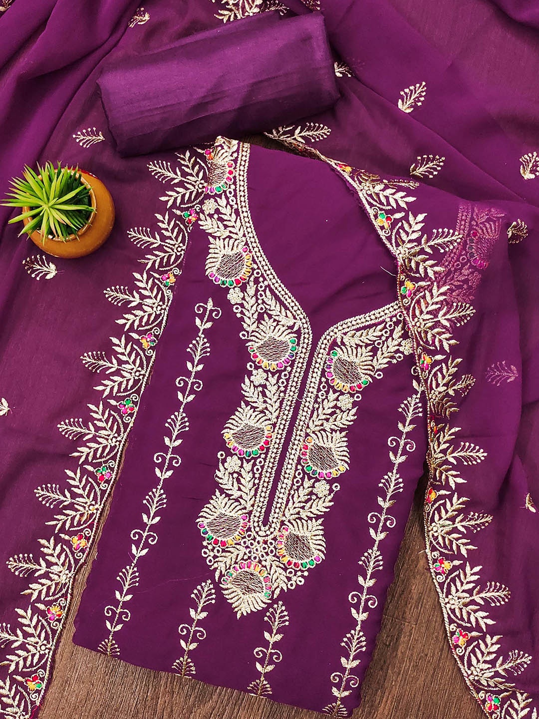 

KALINI Floral Embroidered Zari Silk Georgette Unstitched Dress Material, Purple