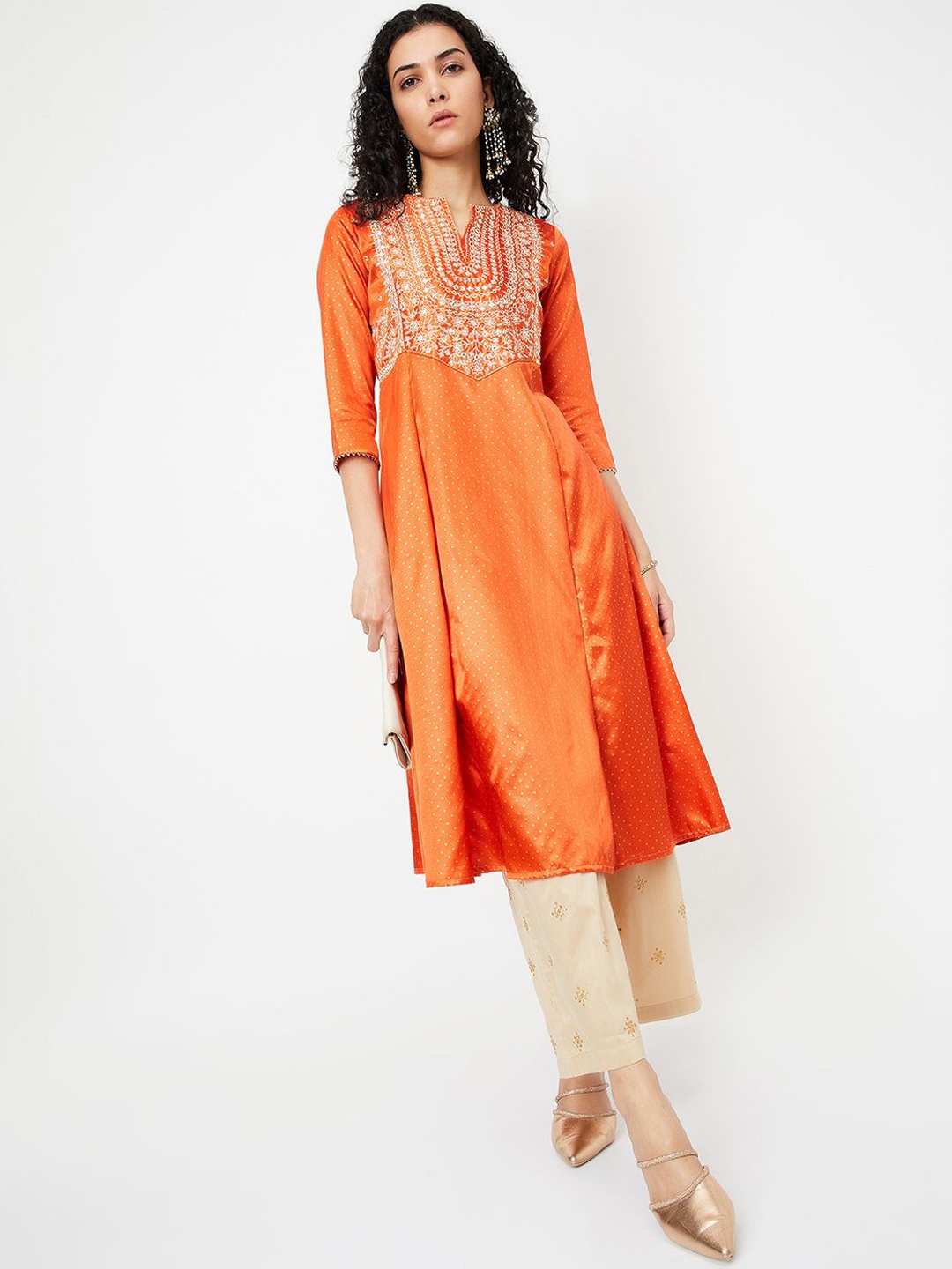 

max Ethnic Motifs Embroidered Thread Work A-Line Kurta, Orange