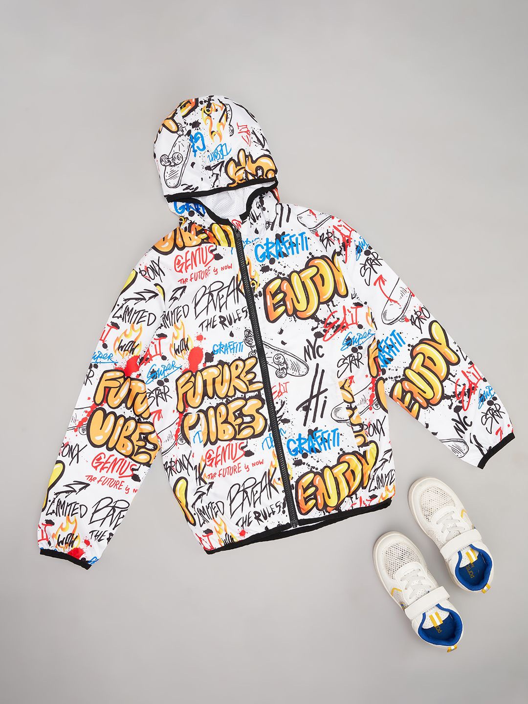 

Pantaloons Junior Boys Hooded Conversational Printed Casual Bomber Jacket, White