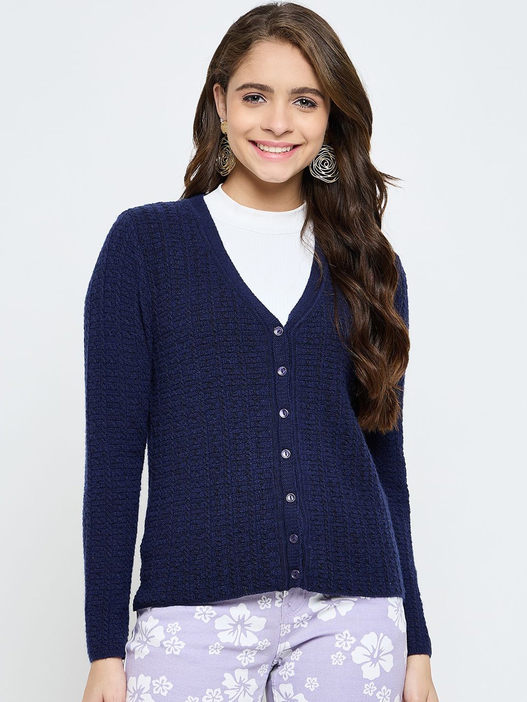 

CREATIVE LINE Women Cable Knit Woollen Cardigan, Navy blue