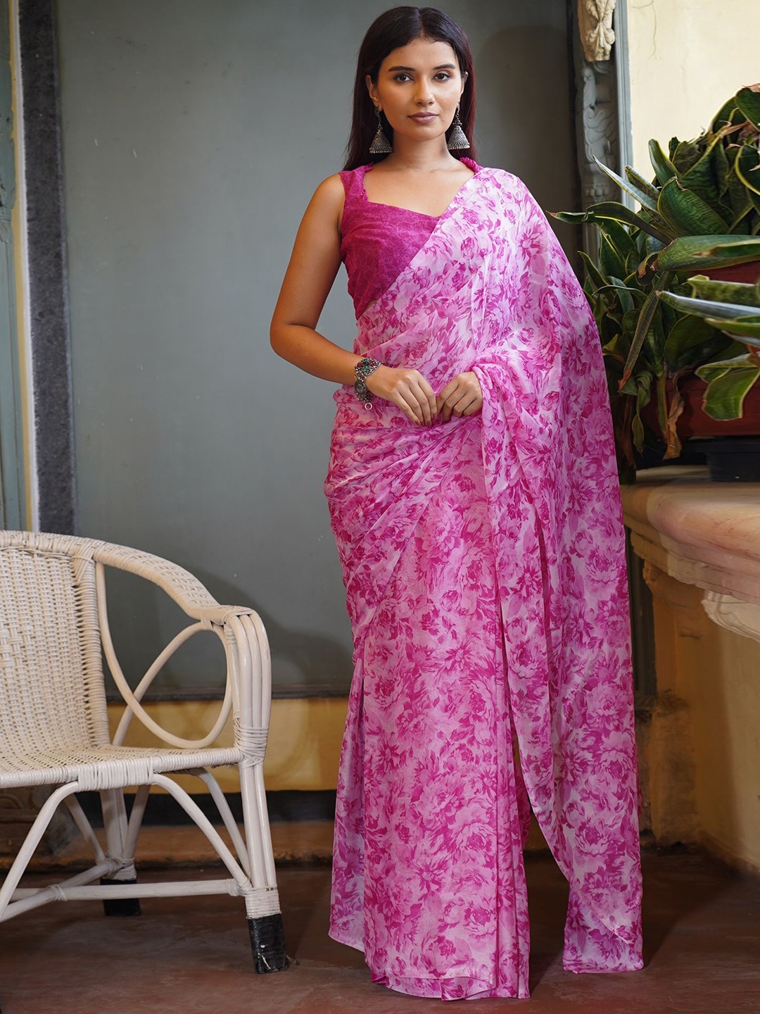 

KALINI Floral Poly Chiffon Saree, Pink