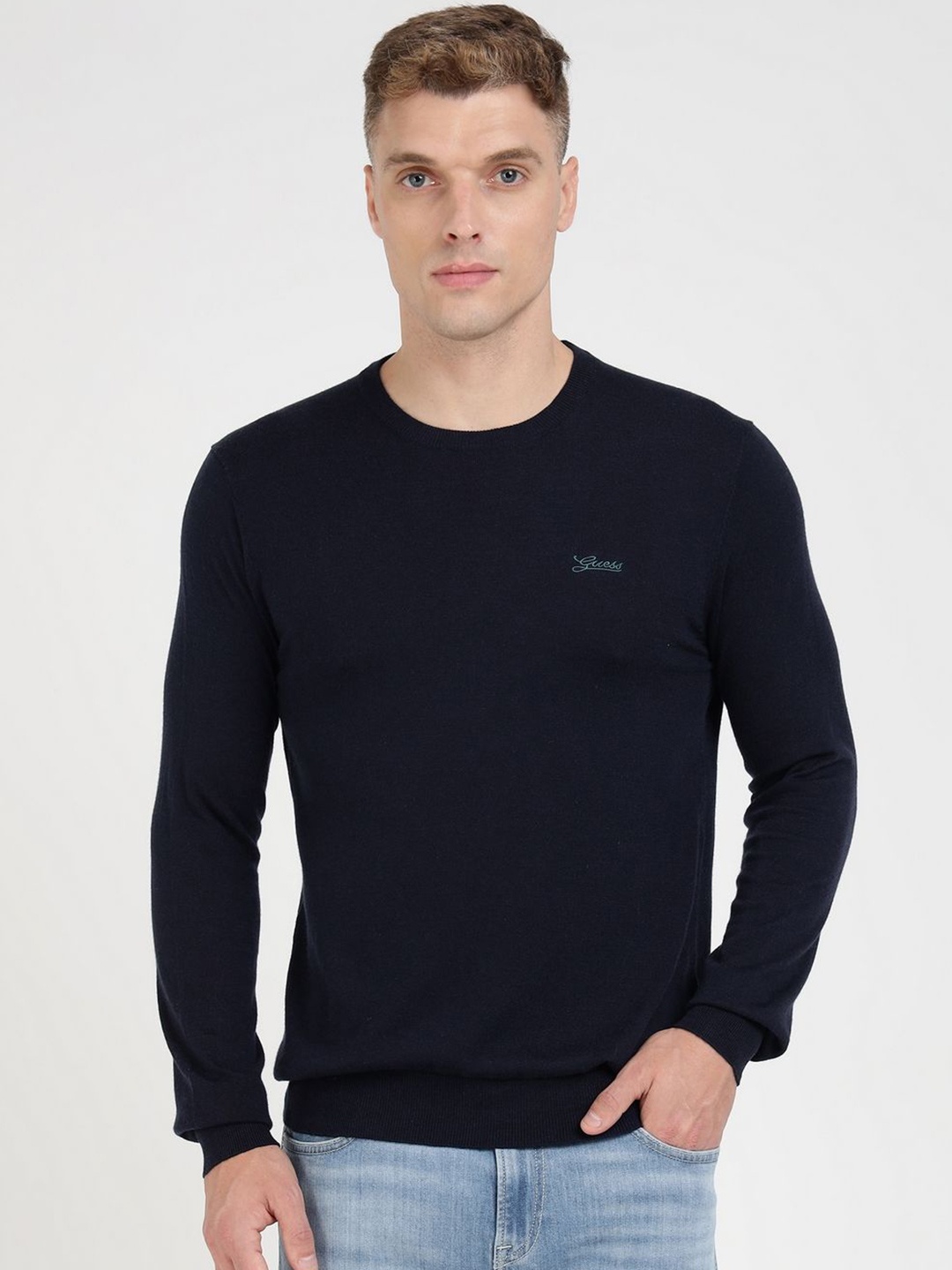 

GUESS Men Round Neck Long Sleeves Quirky Pullover, Blue