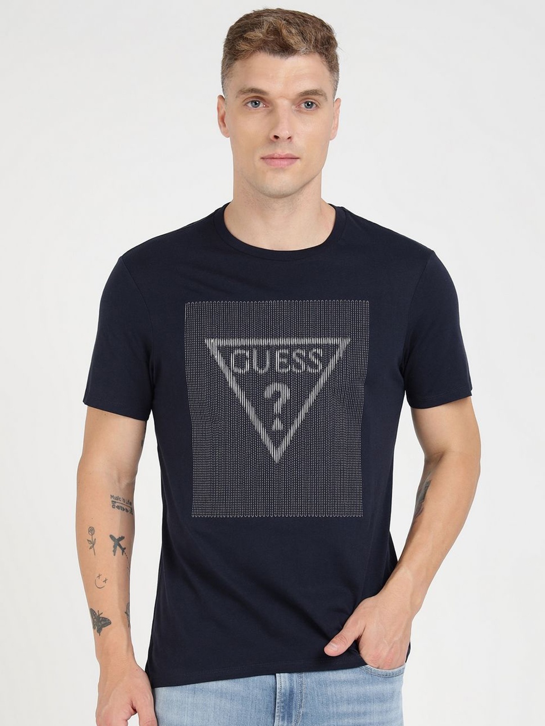 

GUESS Men Brand Logo Printed Round Neck Pure Cotton T-shirt, Maroon
