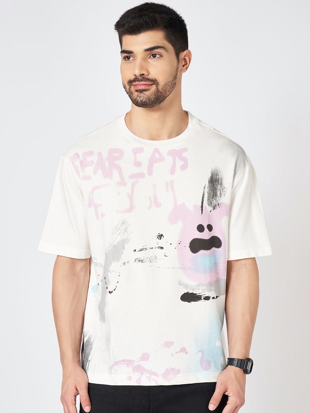 

People Men Typography Printed Round Neck Drop Shoulder Sleeves Boxy T-shirt, Off white
