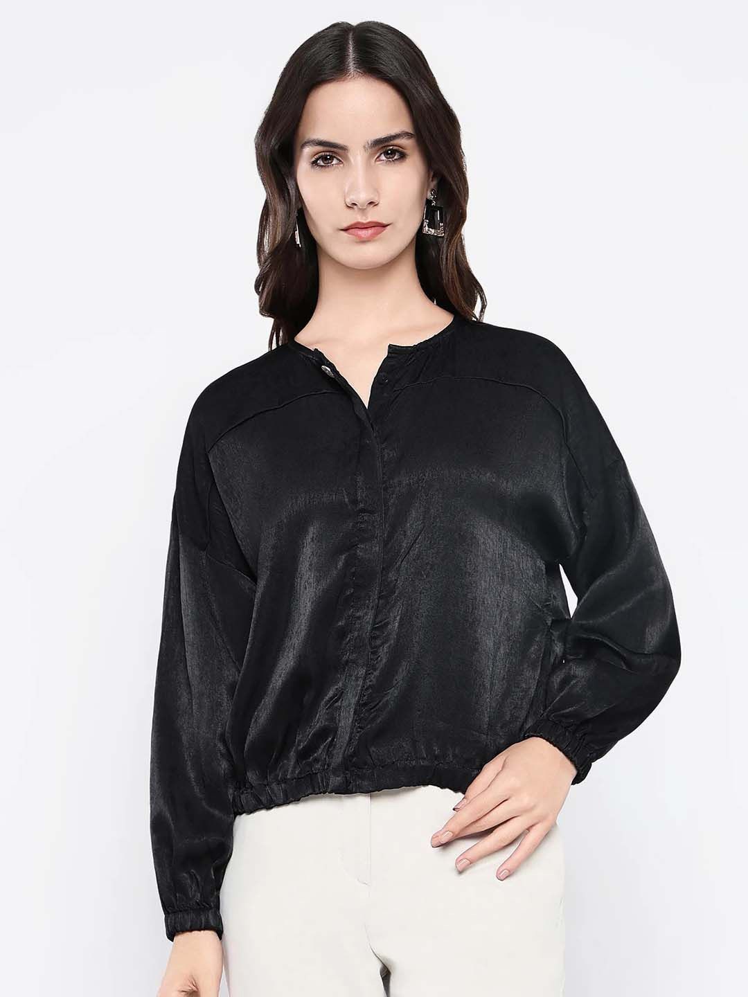 

RAREISM Women Sheen Cotton Blouson Top, Black