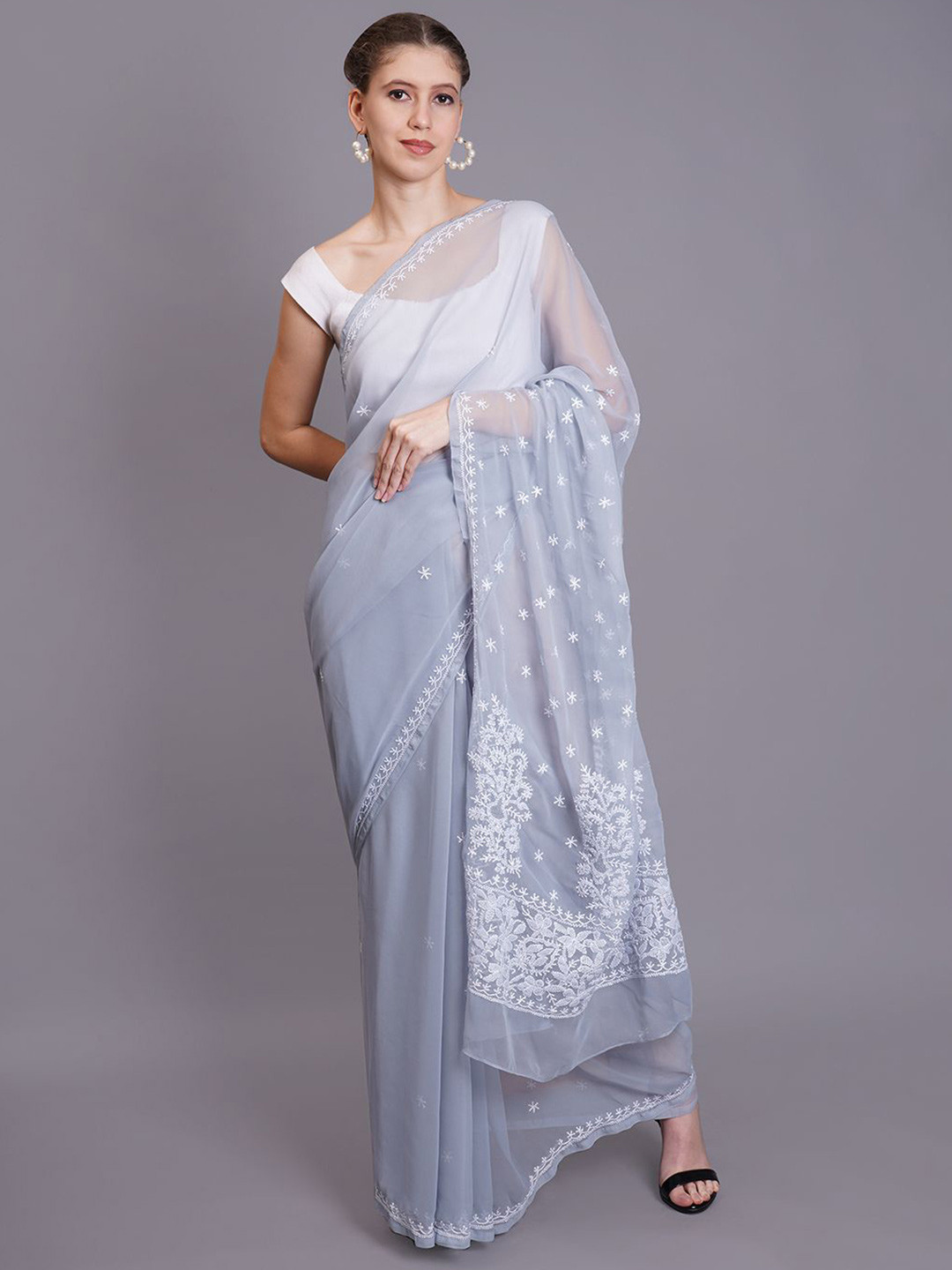 

Seva Chikan Ethnic Motifs Embroidered Saree, Grey