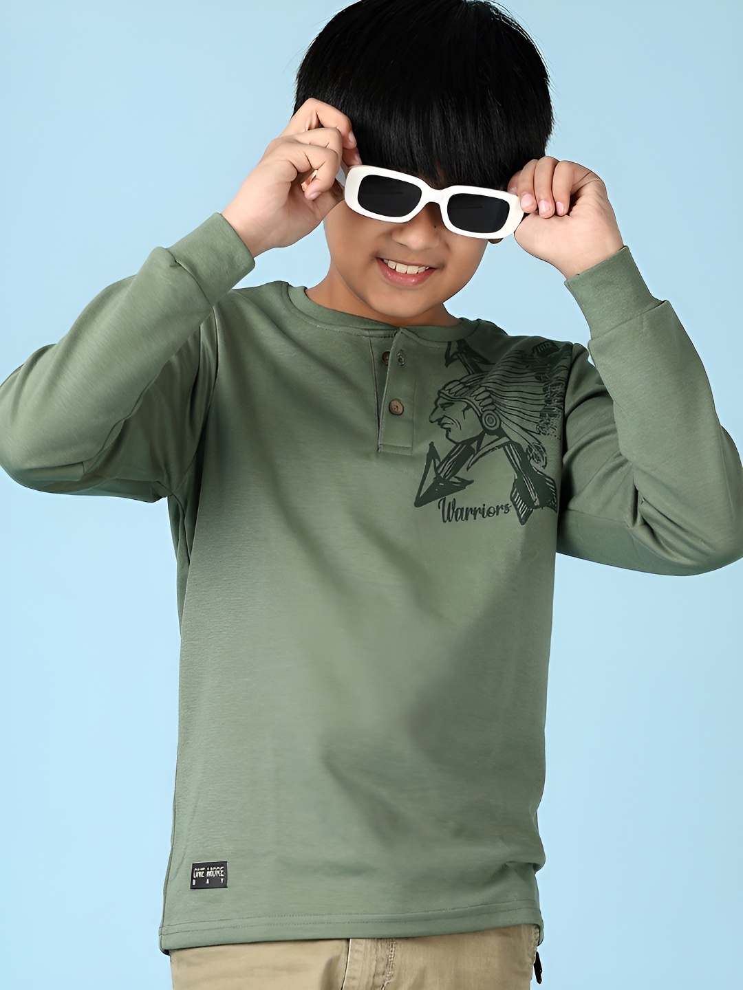 

V-Mart Boys Graphic Printed Henley Neck Cotton T-shirt, Green