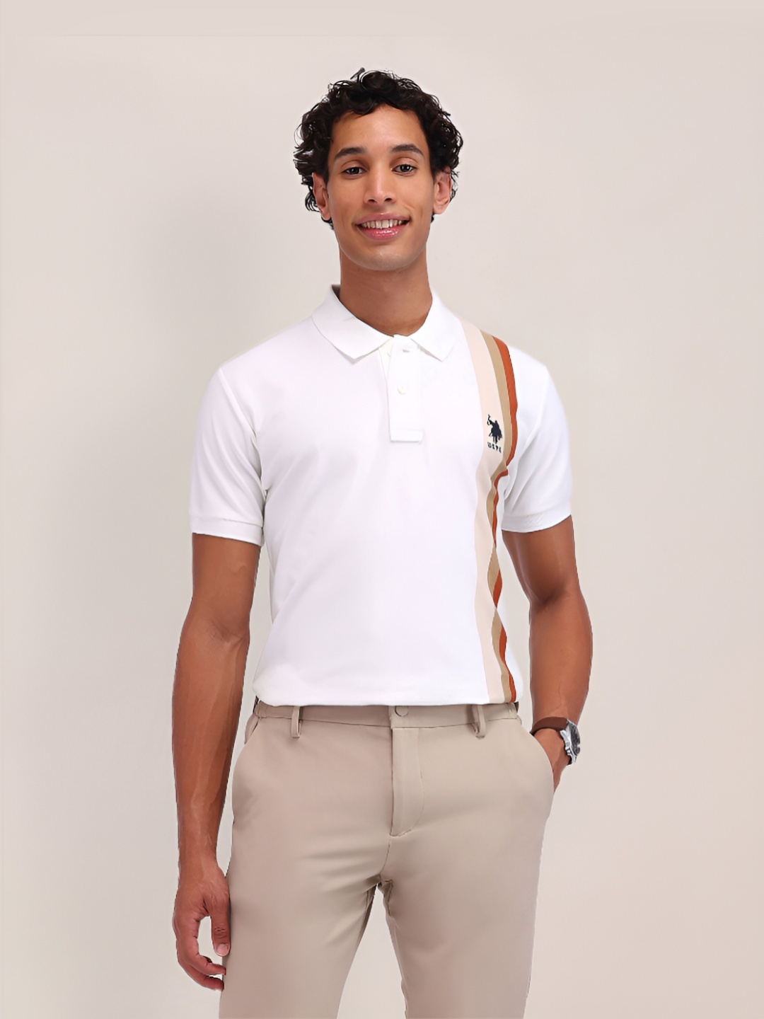 

U.S. Polo Assn. Men Striped Polo Collar Cotton Slim Fit T-shirt, White