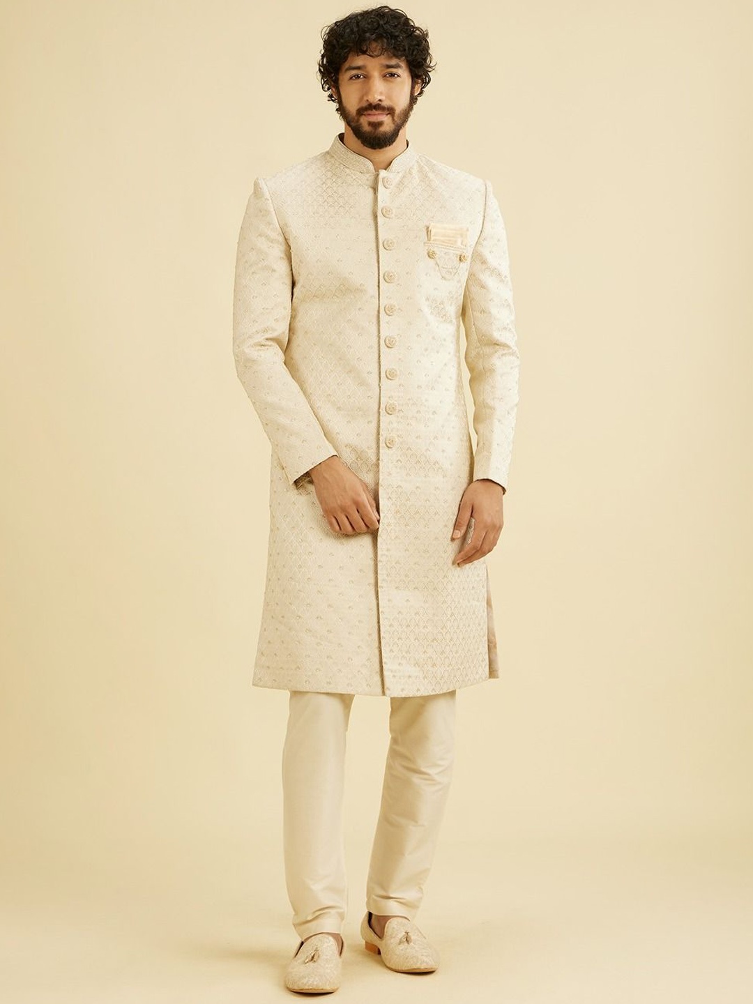 

Manyavar Men Embroidered Mandarin Collar Sherwani Set, Beige