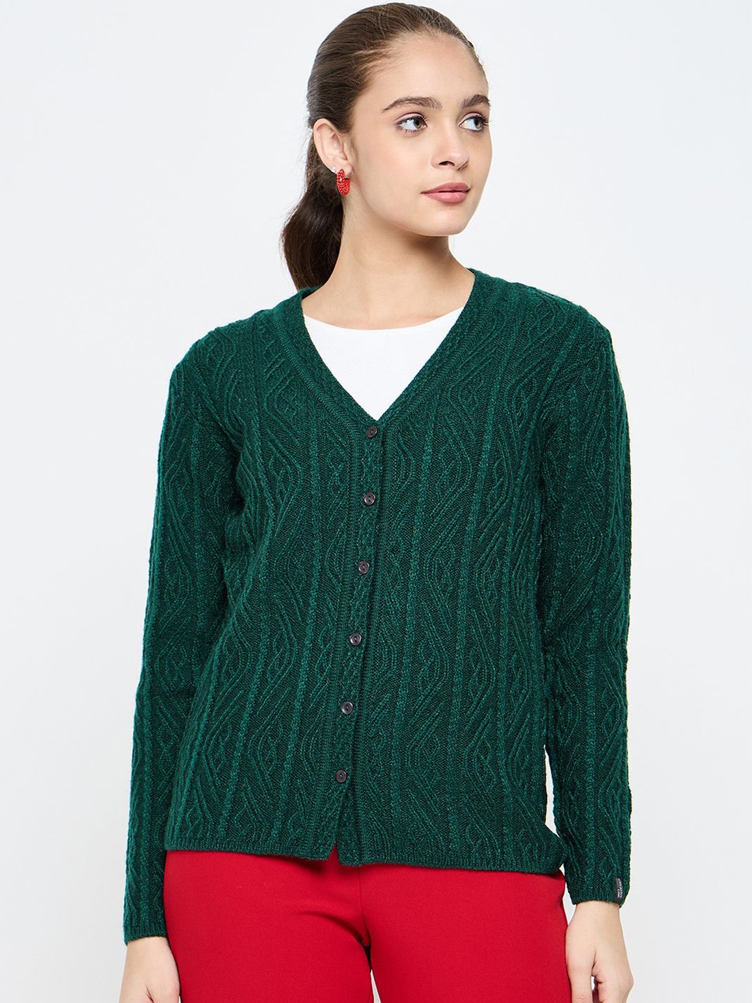

CREATIVE LINE Women Cable Knit Woollen Cardigan, Green