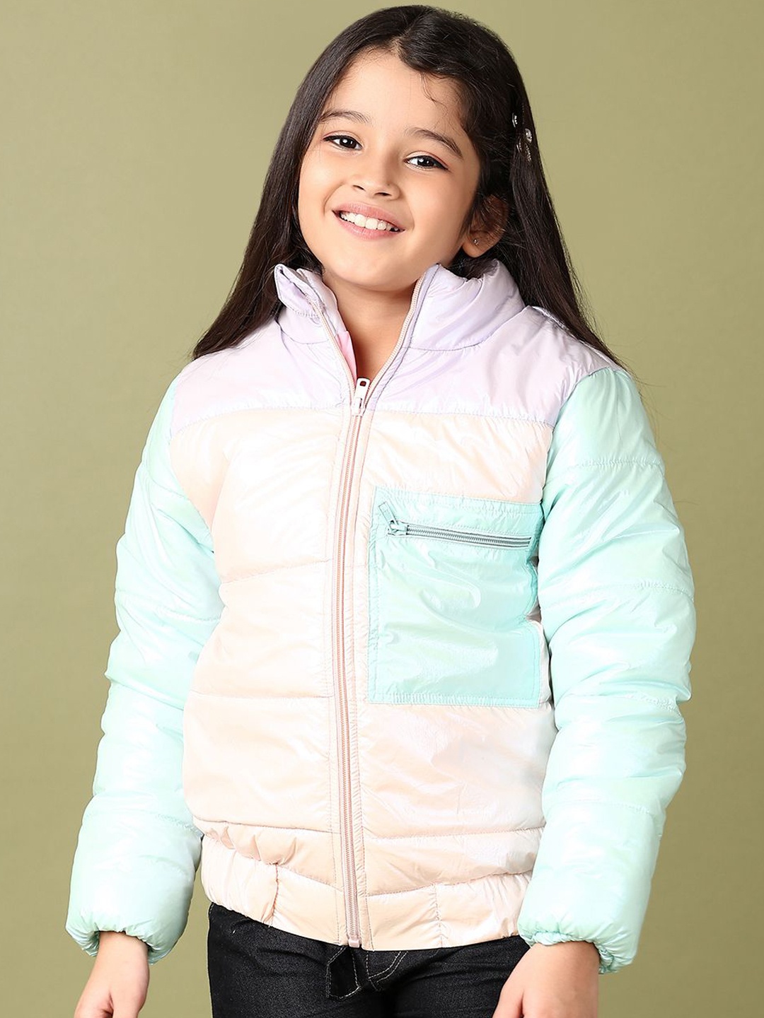 

V-Mart Girls Mock Collar Colourblocked Cotton Casual Puffer Jacket, Green