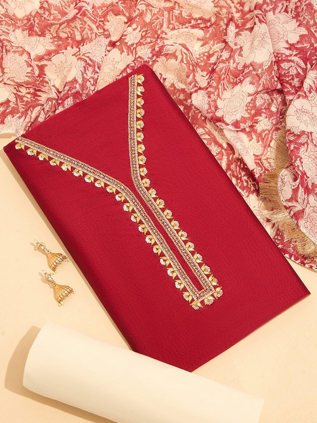 

Taneira Floral Embroidered Pure Silk Unstitched Dress Material, Red
