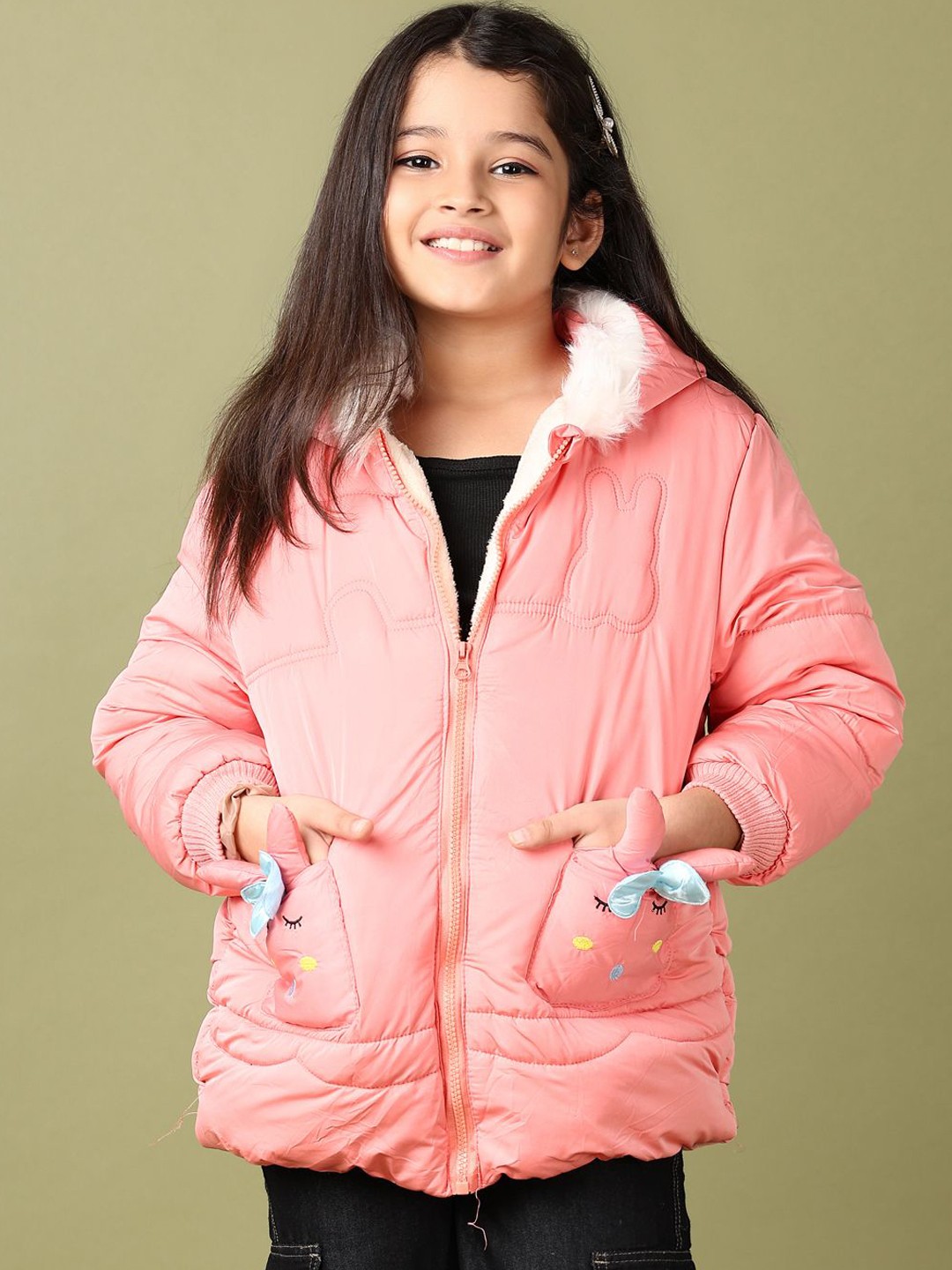 

V-Mart Girls Hooded Solid Cotton Casual Parka Jacket, Peach