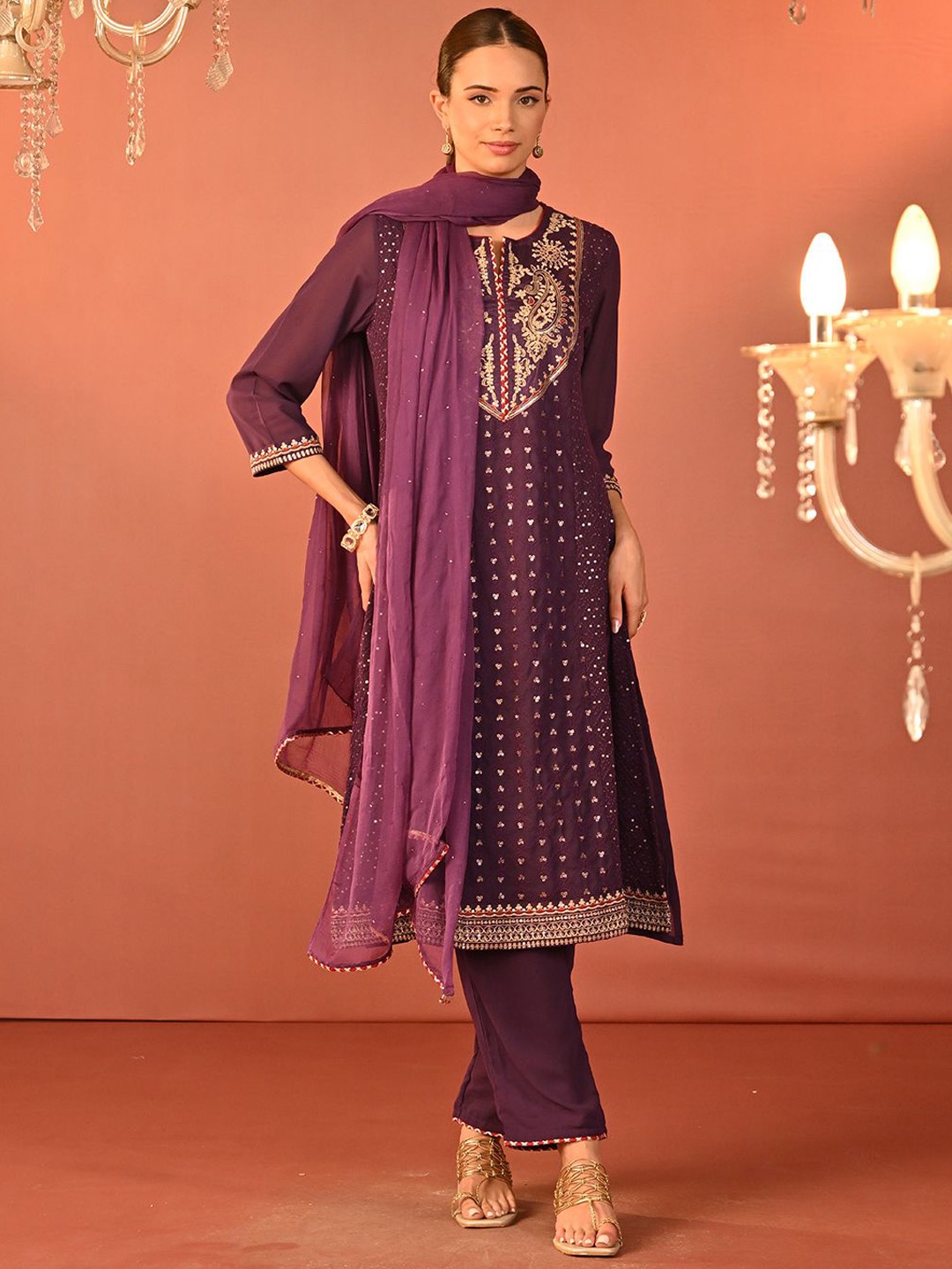 

Lakshita Paisley Embroidered Sequinned Georgette Straight Kurta with Trouser, Purple