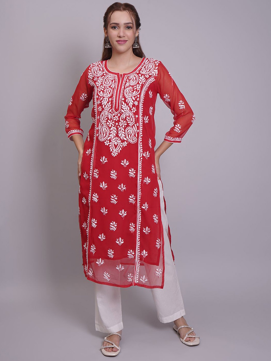 

Seva Chikan Ethnic Motifs Embroidered Round Neck Three Quarter Sleeves Straight Kurta, Red