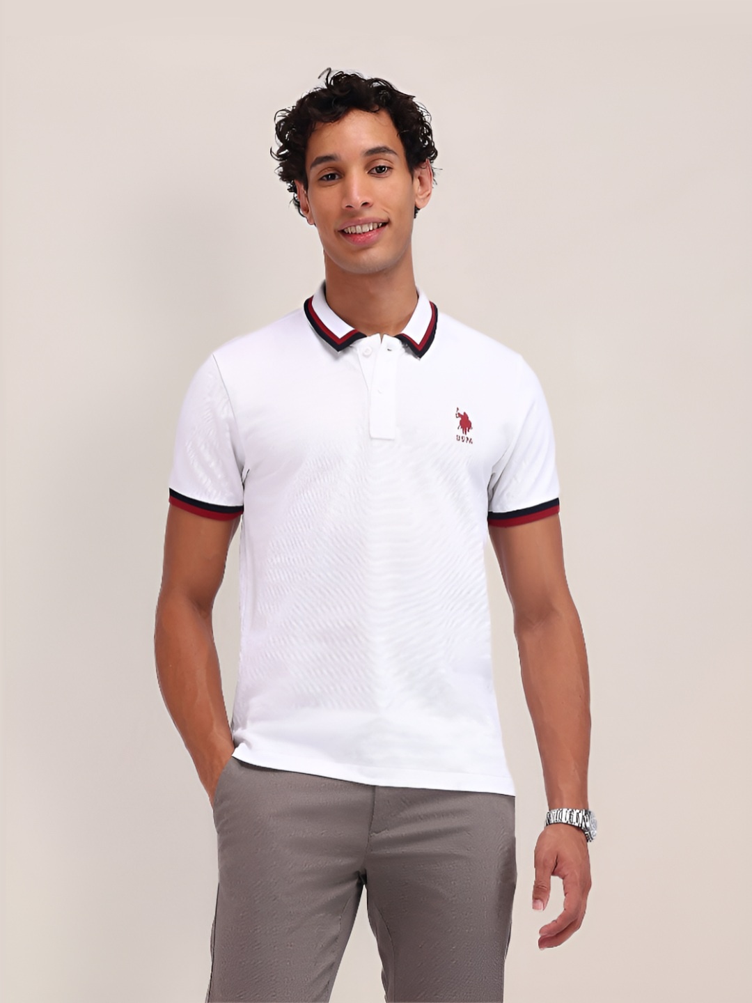 

U.S. Polo Assn. Men Self Design Polo Collar Cotton Slim Fit T-shirt, White