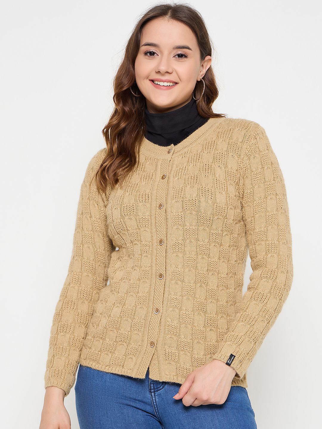 

CREATIVE LINE Women Self Desgin Woollen Cardigan, Beige