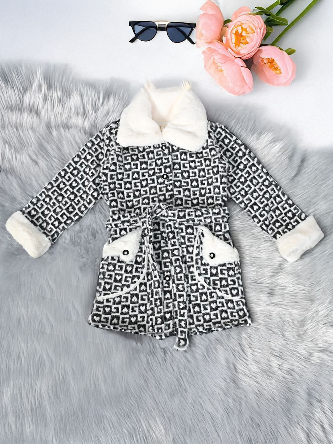 

BAESD Girls Spread Collar Self Design Woollen Casual Parka Jacket, Black