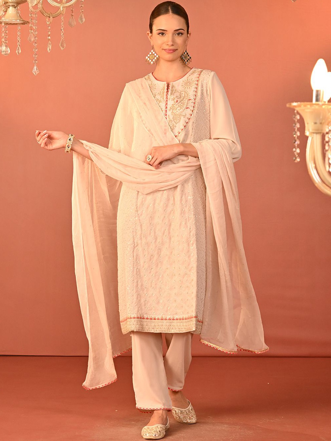 

Lakshita Paisley Embroidered Sequinned Georgette Straight Kurta with Trouser, Pink