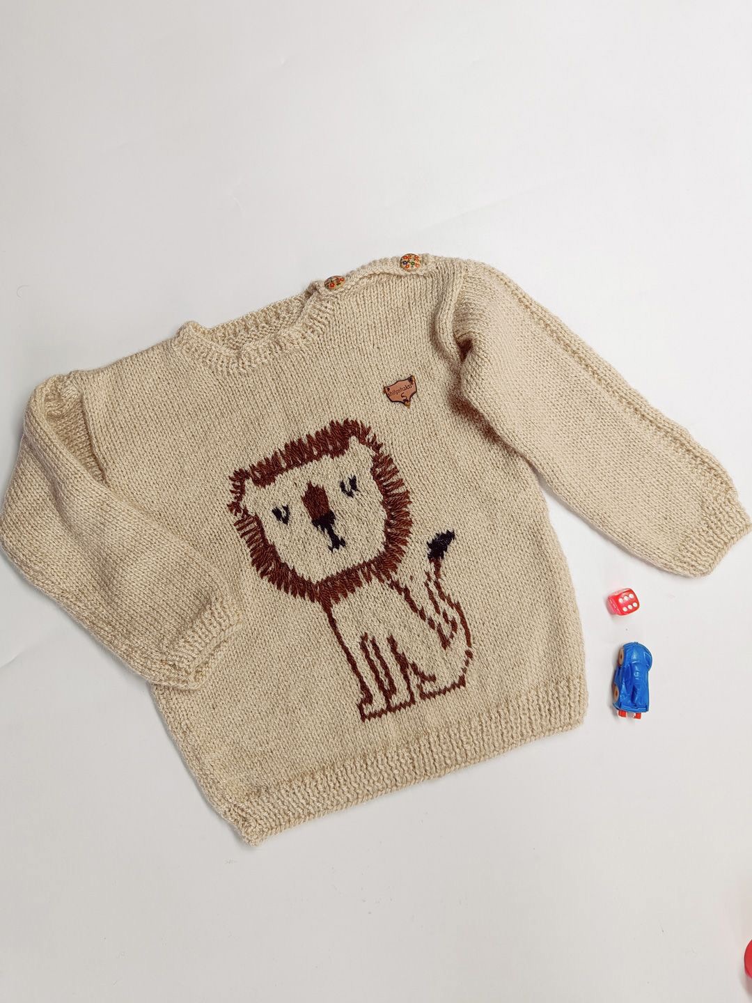 

ShilpShakti Kids Lion Embroidered Hand Knit Woolen Winter Pullover, Beige