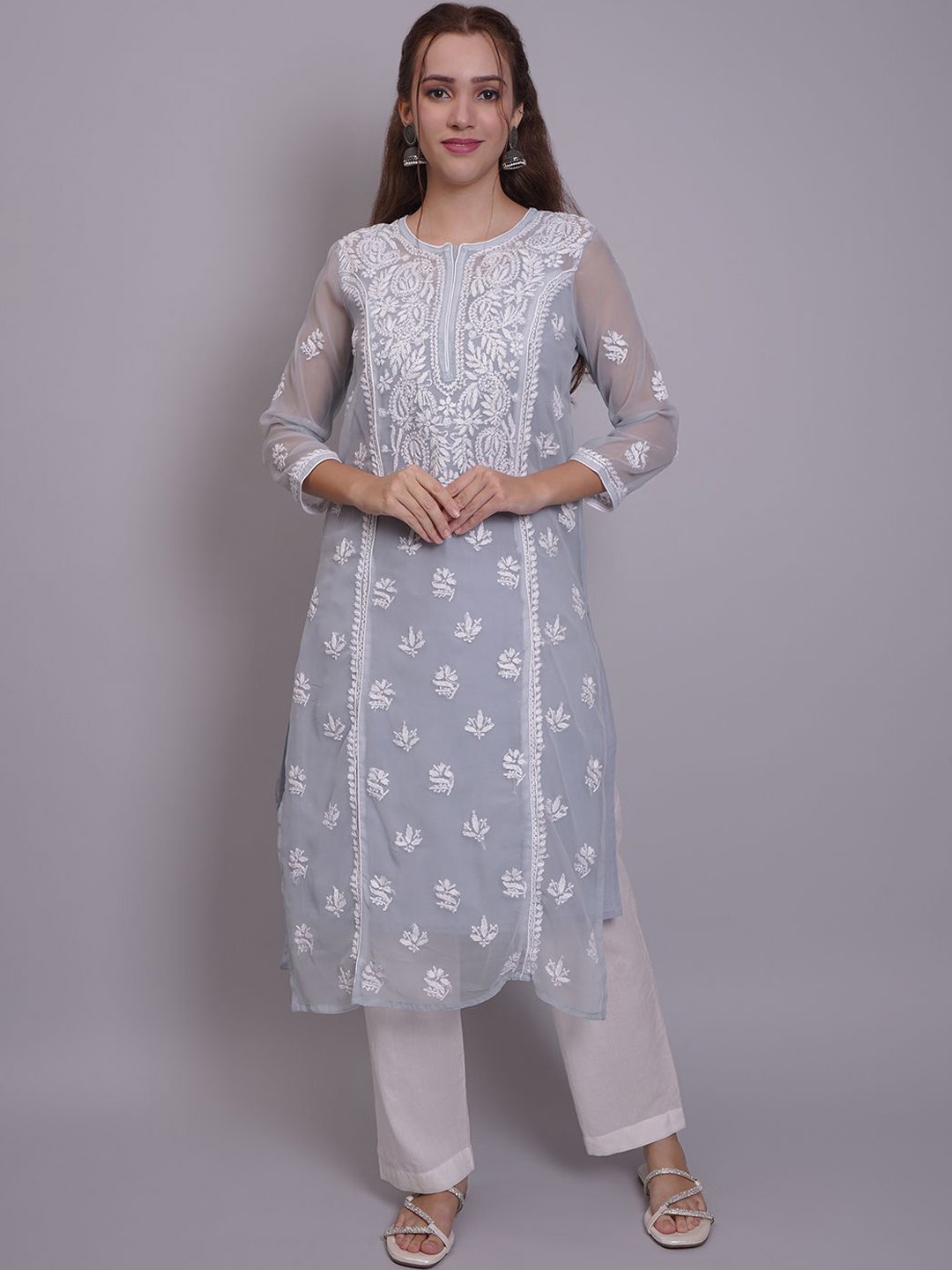 

Seva Chikan Ethnic Motifs Embroidered Chikankari Straight Kurta, Grey